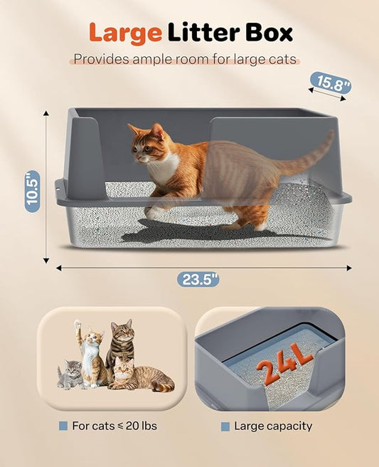 Stainless Steel Litter Box with Lid, 23.5" L x 15.8" W x 10.5" H, Large Metal Cat Box for Big Cats, High Sided Kitty Litter Box with Scoop & Pee Pads, Non-Sticky, Anti-Leakage, Easy to Clean (Gray)