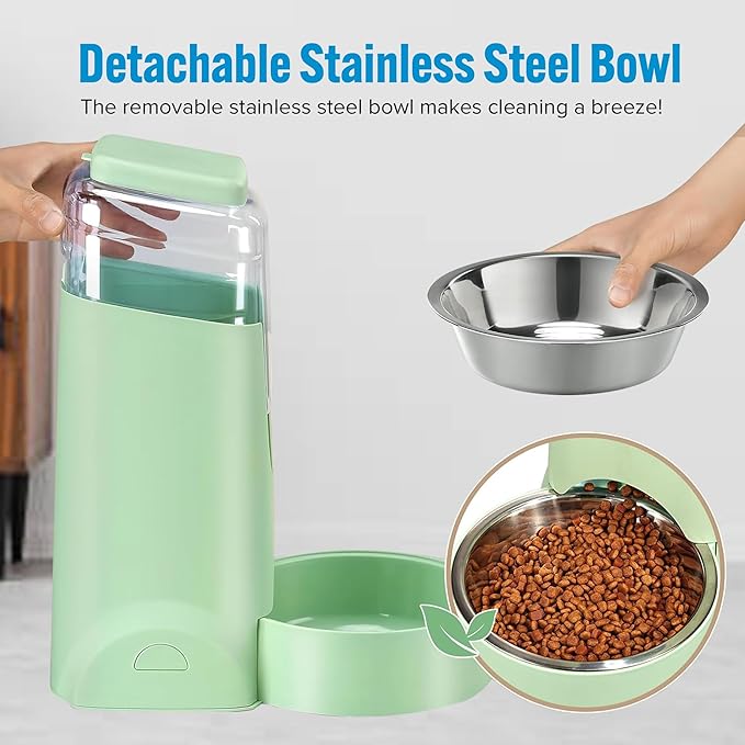Automatic Cat Feeder Dog Water Bowl Dispenser – 2-Pack Automatic Dog Feeder with Silicone Mat, Pet Toothbrush – Safe Non-BPA Materials – Large Capacity for Small and Medium Animals Green
