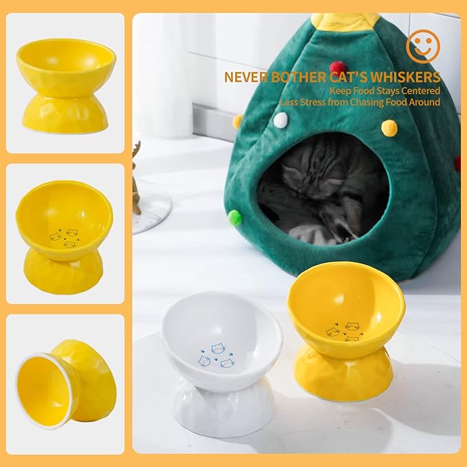 AOMRYOM Ceramic Tilted Raised Cat Food and Water Bowl Set, Elevated Stress Free Feeding Pet Bowl Dish for Cats and Small Dogs, Protect Cat's Spine, White & Yellow, Set of 2