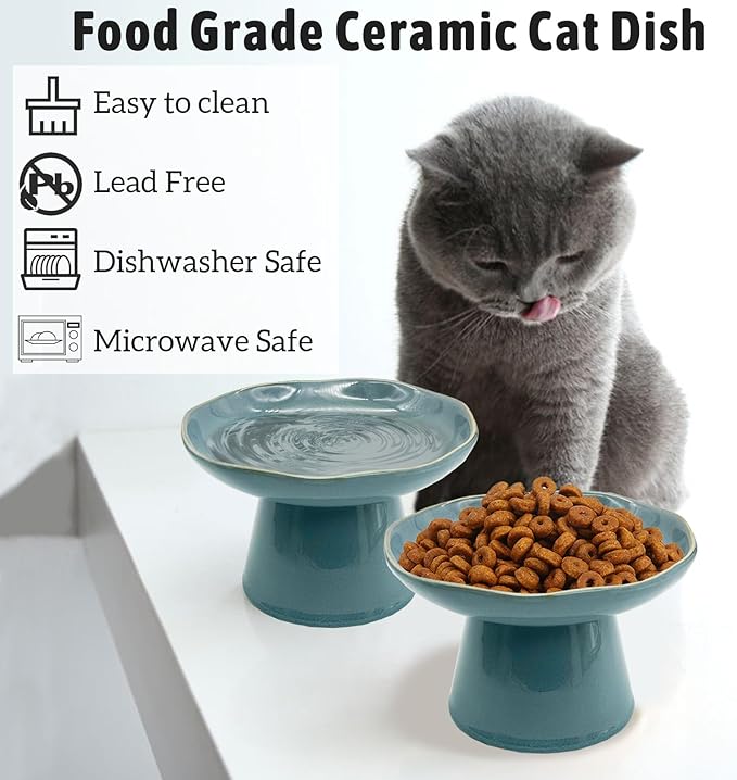 VCEPJH Elevated Cat Bowls 6.1in Shallow Cat Food Plate Pack of 2 Ceramic Raised Cats Dish Flat Anti Whisker Fatigue Wide Pet Food & Water Feeder for Indoor Kitty Kitten (Blue)