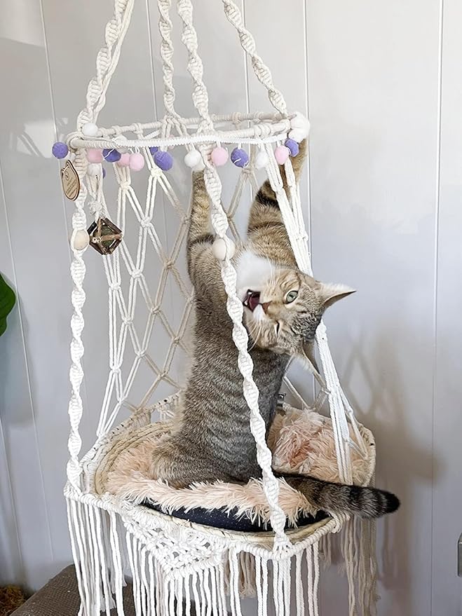 KARCEEY Hanging Cat Bed Macrame Cat Hammock Window Perch with Catnip Mat for Wall Window Indoor/Outdoor