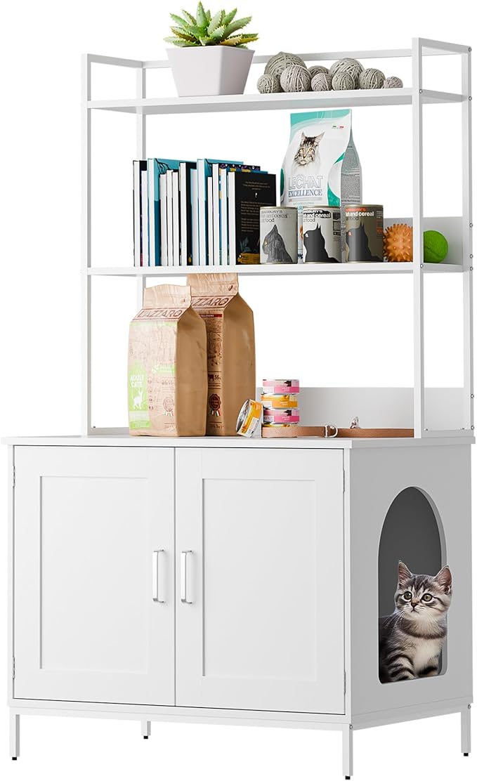 Cozy Castle Litter Box Enclosure, 57'' Cat Litter Box Furniture with Large Cabinet, Shelves, Hidden Cat House for Most of Litter Boxes, Wooden Pet Washroom Indoor, White, No-Hook