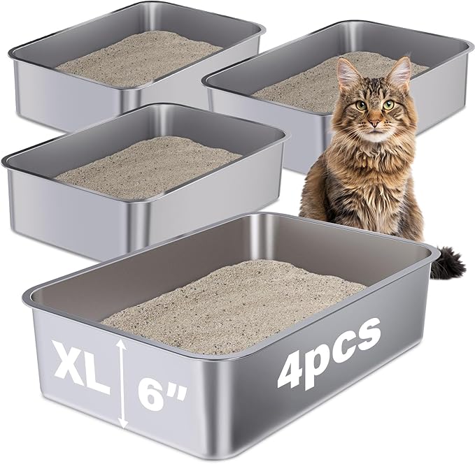Stainless Steel Litter Box, 23.6"x15.7"x6"(Height) Metal Litter Box 4 Pack,Easy to Clean,Non Stick No Smell Steel Cat Litterbox,XL
