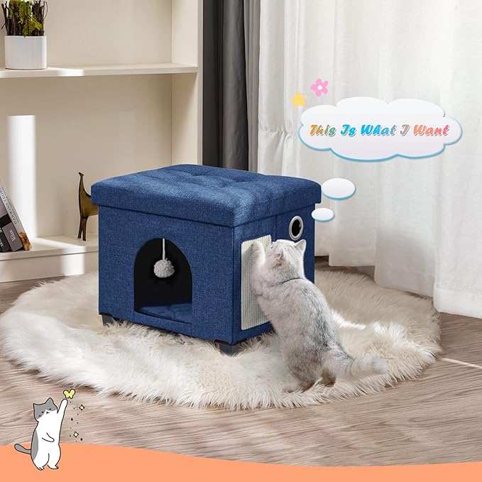 BRIAN & DANY Cat House and Bed, Cat Cave with Scratch Board & Ball, 14.7' x 14.1' x 12.7', Blue