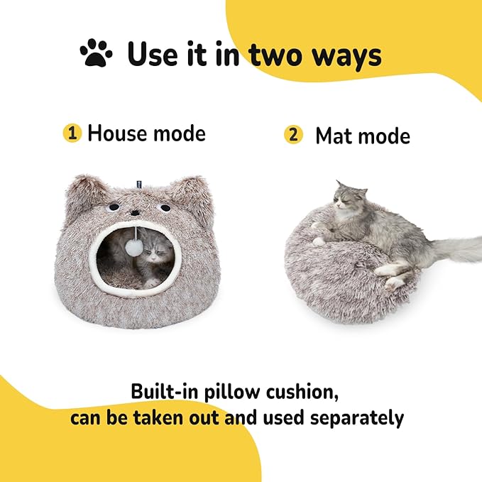 CATISM Cat Bed - Cat Beds for Indoor Cats, Soft Plush Cats Cave, Washable Cave with Toy Balls for Kitty and Small Animals