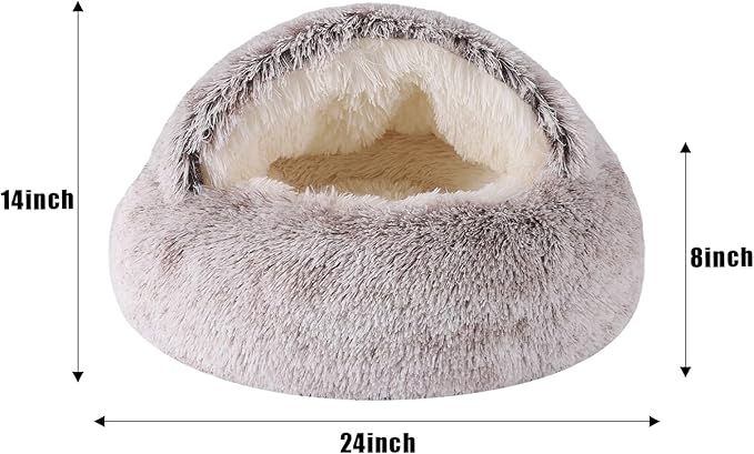 Coffee Round Hooded Cat & Dog Bed - Faux Fur Cuddler Cave, Self-Warming Donut Bed, Fits up to 22 lbs Pets (24x24 inch)