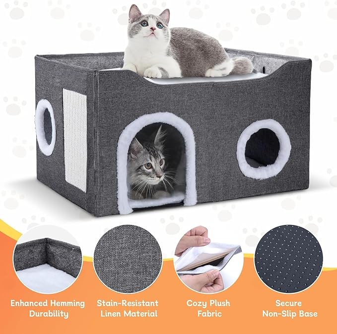 Cat House for Indoor Cats – Foldable Cat Cave & Covered Cat Bed, Cozy Hideaway for Small Pets and Large Cats (23.6"x16"x12.8"),Dark Grey