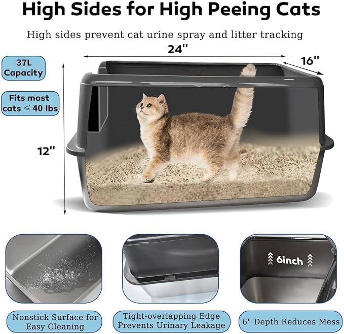 Stainless Steel Litter Box with Lid, 24" XL Extra Large High-Sided Metal Cat Litter Box for Multiple Cats,Anti-Leakage & Non-Stick, Easy to Clean, Includes 2 Scoops&Deodorizer Box, Black