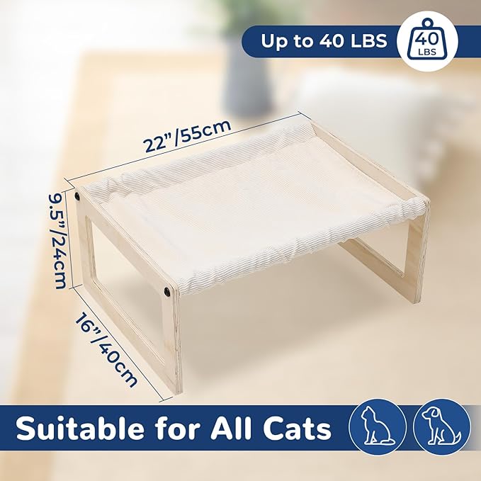 Cat Bed with Washable Pad - 9.5" Elevated Wooden Cat Hammock Bed, 360° View Design, Cot with Breathable Summer Mattress for Kitty, Puppy, Rabbit and All Pets