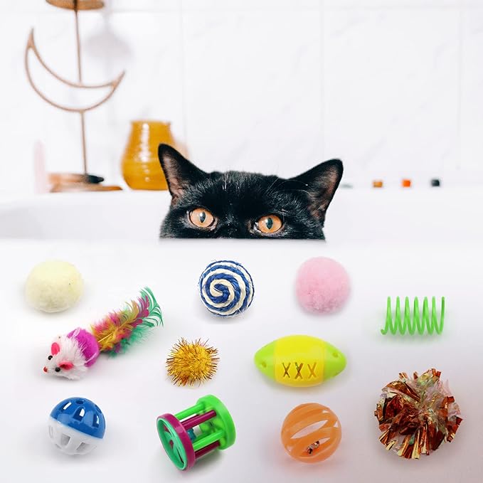 Cat Toys Kitten Toys Assortments, 32 Packs Cat Toys Variety Pack for Kitty, Cat Balls with Bells,Cat Feather Toy, Cat Mouse Toy, Cat Crinkle Balls, Catnip Toys for Indoor Cats Kittens