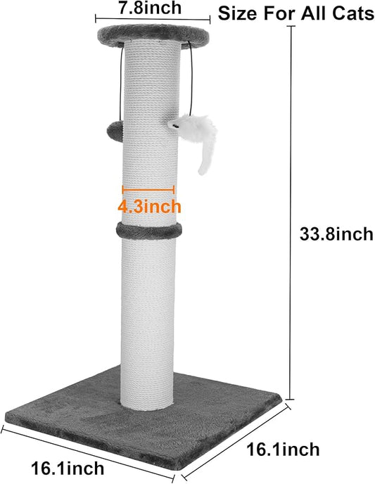 Cat Scratching Post 34 Inches Heavy Duty and Thicker Cat Scratching Post Sisal Rope with Hanging Ball and Mice Scratching Post for Indoor Cats and Adult(Grey)