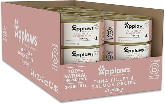 Applaws Natural Wet Cat Food in Gravy, Limited Ingredient Canned Wet Cat Food, No Additives, Made with Natural Ingredients, Tuna Fillet with Salmon in Gravy (24 x 2.47oz Cans)
