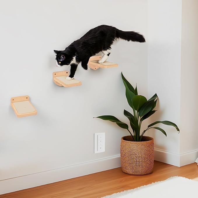 INICIO Cat Wall Stairs, Natural Wood - Set of 3 Wall Steps for Cats to Climb with Fixtures, 9.3"x4.7" - Floating Steps for Climbing or Playing - for Kittens and Adult Cats