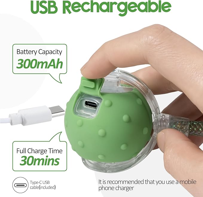 Interactive Cat Toys Ball for Indoor Cats, Automatic Moving Ball Toy with Elastic Mesh Tail, Chirping & Obstacle Avoidance and Motion Activated, Green【Rechargeable】