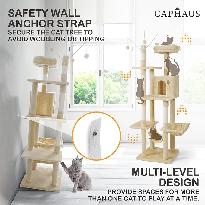 CAPHAUS Tall Cat Tree for Indoor Cats, Modern Cute 70-Inch Climbing Play Tower with Top Perch Large Cats Kittens, Multi-Level Activity w Scratching Posts, Hammock, Cave Condo, Smoky Grey