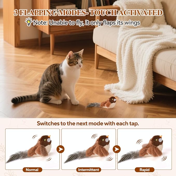 Small Flappy Bird Cat Toy, Interactive Flapping Wings（No Flying） and Chirping Bird Cat Toy, Simulated Sparrow Catnip Toy for Indoor Cats and Kittens, Rechargeable, 5.51×4.72×1.97 Inches