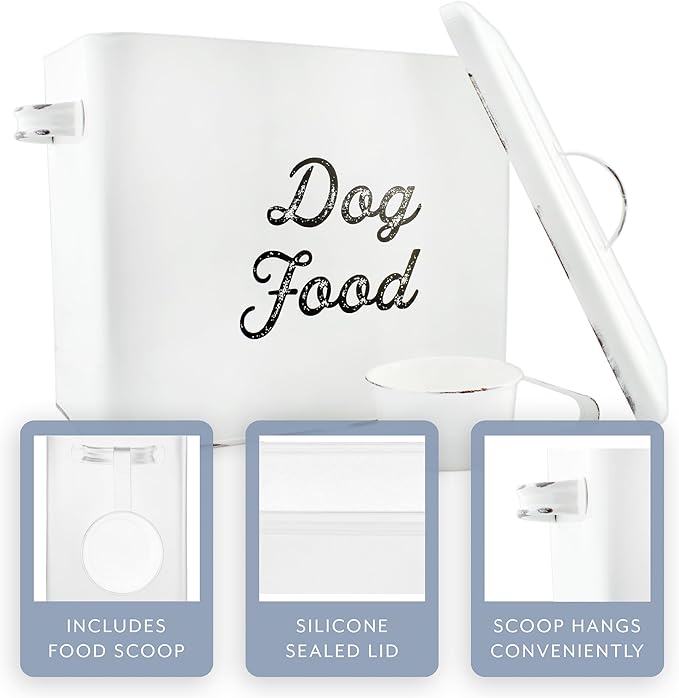 AuldHome Rustic Dog Food Canister; White Farmhouse Style Storage Bin for Small Dogs