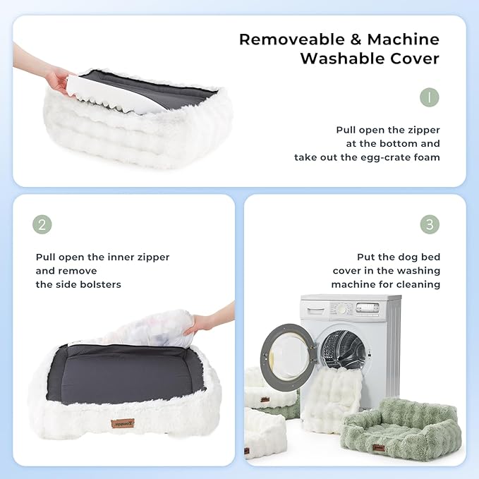 Orthopedic Cat Couch Bed for Indoor Cats, Cute Small Dog Sofa with Supportive Egg Foam, Fluffy Faux Fur Removable Washable Cover and Non-Slip Bottom, Sage Green