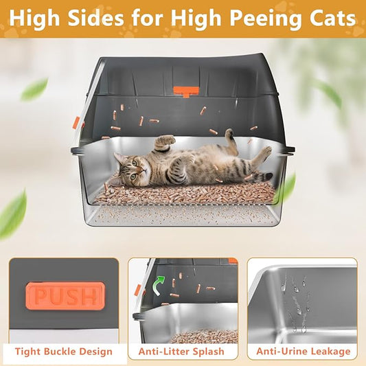 ELEGX Pine Litter Sifting Cat Litter Box, 4-in-1 Cat Metal Litter Box Set,Enclosed Removable Metal Litter Box with Screen Mesh,High Sided Enclosure,Mat & Scoop (Deep Grey)