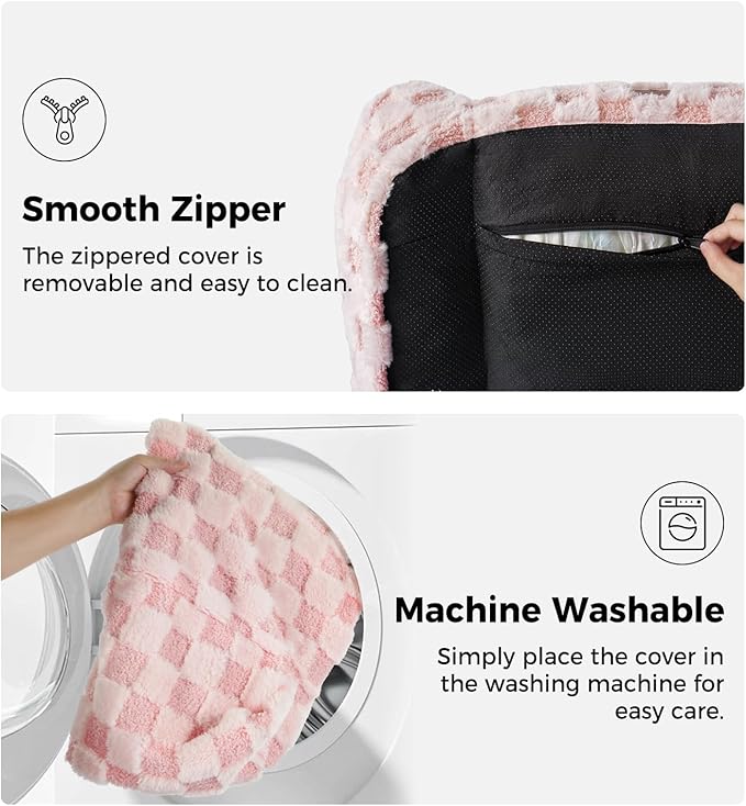 Made4Pets Cat Couch Bed, Soft Faux Fur Checkered Pet Sofa, Calming Fluffy Cat Sofa with Supportive Foam, Removable Washable Cover with Non-Slip Base, Pink, Small