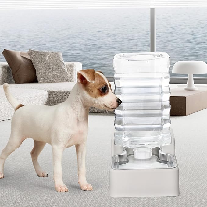 RIZZARI Stainless Steel Pet Water Feeder: 7L Automatic Leak-Proof Gravity Dispenser for Cats Dogs Indoor Outdoor Use（Beige Without Filter,7L）