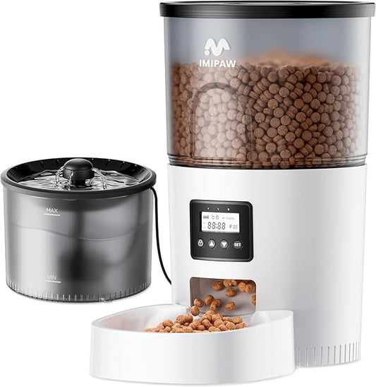 Automatic Cat Feeder and Water Fountain, Timed Pet Dry Food Dispenser, Programmable Portion Control, 1-6 Meals Per Day, Cat Fountains for Drinking with Filter, Small Pets (3L Combo)