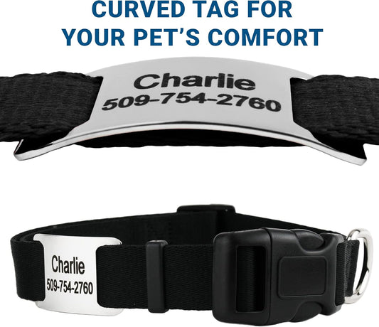 GoTags Personalized Dog Collar with Nameplate, Adjustable Dog Collar with Custom Engraved Slide On Pet ID Tag in Stainless Steel, Silent, No Noise Dog Tag for Large Medium and Small (Black, Large)