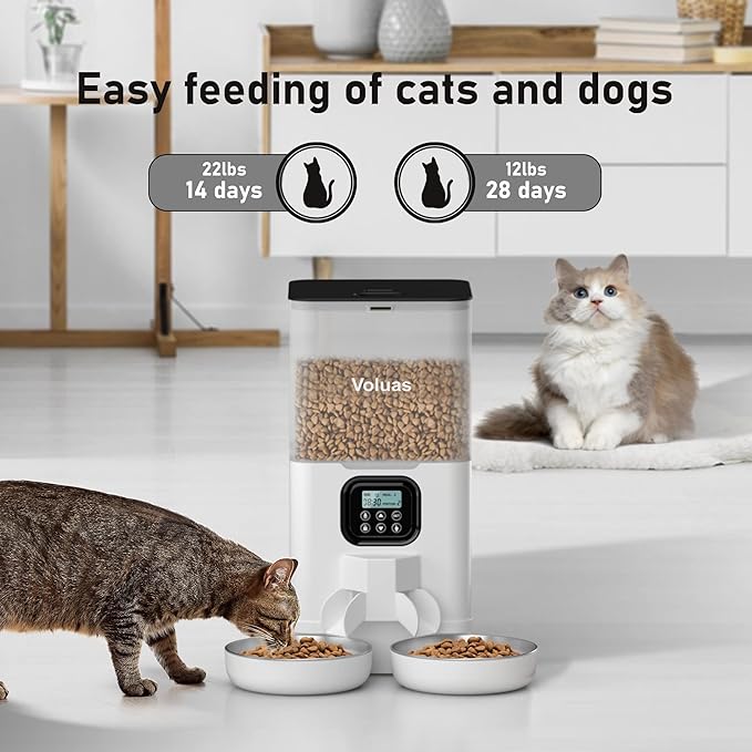 Voluas Automatic Cat Feeder for Two Cats, Double Pet Feeder with 2 Stainless Steel Bowls,6L Timed Cat Feeders with Memory Function