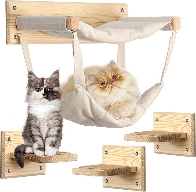 Luxury Wooden Cat Furniture with Double Hammock & Steps | Stylish Modern Hammock | Multi-Level Wall Furniture with Sisal | Premium cat Bed | cat Shelves for Wall | Wall Mounted cat Furniture
