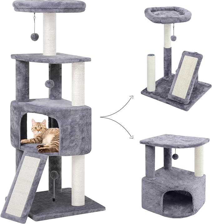 45in Cat Tree Tower with Big Condo for Indoor Kitten,Cat Tower with Scratching Post,Scratching Board and Cat Toys,Multi-Level,Small Space,Transformer Cat Tree, Grey(New)