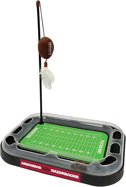 Pets First 5-in-1 Cat Scratcher Toy: Arkansas Razorbacks Football Field Cat Scratcher with Catnip Filled Plush Football & Feathers