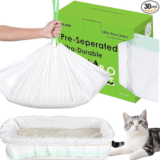 30 Count Cat Litter Box Liners, Drawstring Large/Jumbo Cat Litter Liner Bags For Litter Box, Heavy Duty Pre-Separated 36" x 16"