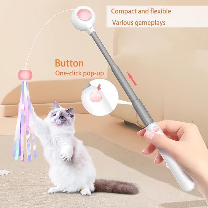 Interactive Cat Toys — Semi-Automatic Retractable Wand Toy and 2 Extra Feather Toy Refills, for Indoor Cats to Chase, Play, and Exercise
