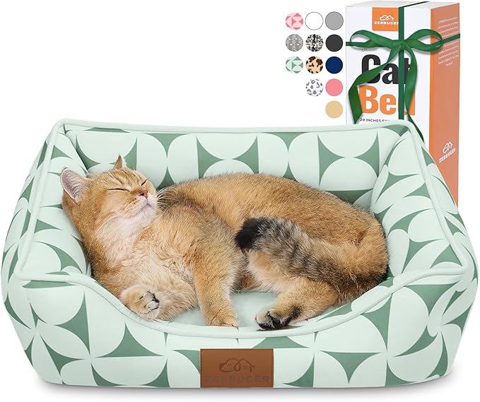 Rectangle Cat Dog Bed for Large Medium Small Pets Indoor Outdoor Machine Washable Sleeping Sofa Non-Slip Bottom Soft Puppy Bed Durable Orthopedic Calming Pet Cuddler (Small, Green Pattern)