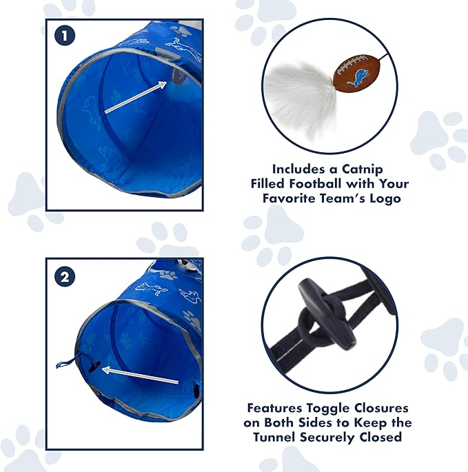 NFL Detroit Lions Cat Tunnel Tube Toy with Plush Football Catnip and Feathers Collapsible Tunnel for Cats to Play, Peek and Hide, Sporty & Fun Cat Tunnel Toy with Team Logo All-Over Design!