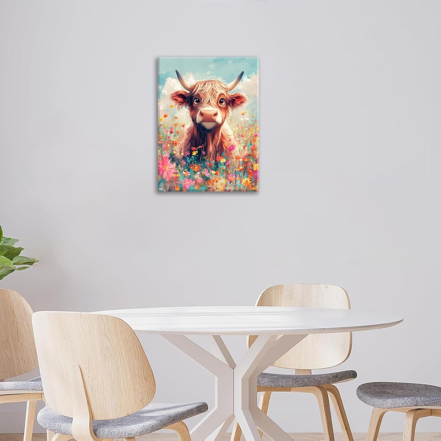 Highland Cow Wall Art Canvas Flower Cattle Wall Decor Prints Framed Painting Animal Pictures Gifts Artwork for Bathroom Living Dining Kitchen 12"x16"