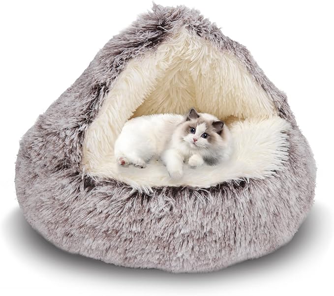 ShinHye Cat Bed Round Plush Fluffy Hooded Cat Bed Cave, Cozy for Indoor Cats or Small Dog beds, Soothing Pet Beds Doughnut Calm Anti-nxiety Dog Bed - Waterproof Bottom Washable (26×26inch, Coffee)