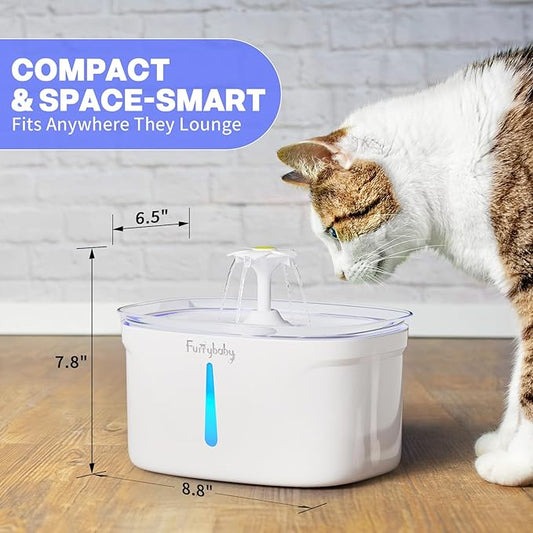 furrybaby Cat Water Fountain - 84oz/2.5L Automatic Pet Water Fountain for Cats Indoor with LED Light and Water Level Window Intelligent Pet Water Dispenser for Cats with Filter (Rectangular, White)