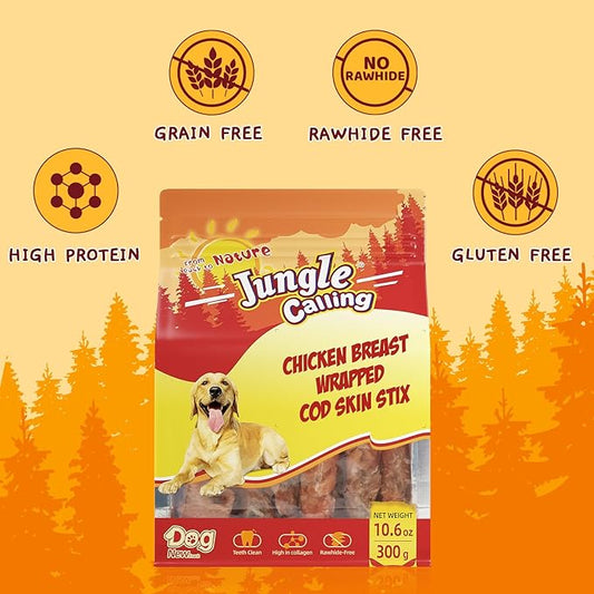 Jungle Calling Dog Treats, High Protein Dog Chewy Treats Health Teeth and Coat, Chicken Wrapped Cod Skin Sticks, Rawhide-Free Cod Fish Skin Treats for Dogs, 10.6 oz