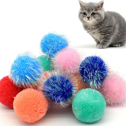 Cat Balls Toy, Cat Pom Pom Sparkle Fuzzy Balls Without Bells 14 Pcs