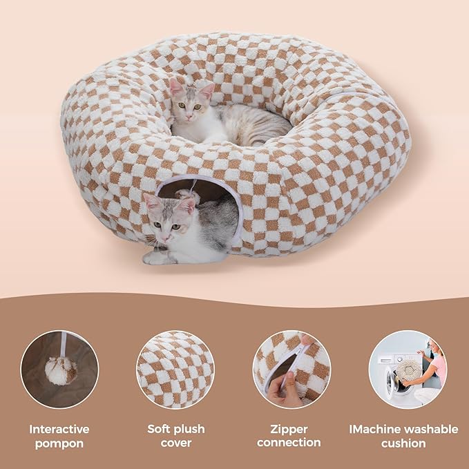 PEQULTI Cat Tunnel with Cat Bed for Indoor Cats, Cat Play Donut Tunnel with Washable Soft Plush Mat, Round Tunnel Toys Cute Tube for Kittens, Puppies, Rabbits and Ferrets, Brown
