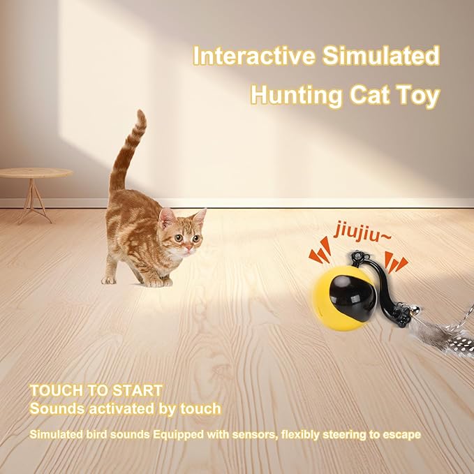 Interactive Cat Toy Ball in Pouch,Simulated Hunting Remote Control Cat Toy,Automatic Ball Fast Rolling in Play Mat, Motion Activated Chirping Hide and Seek Mouse Chasing Game Kitten Toy