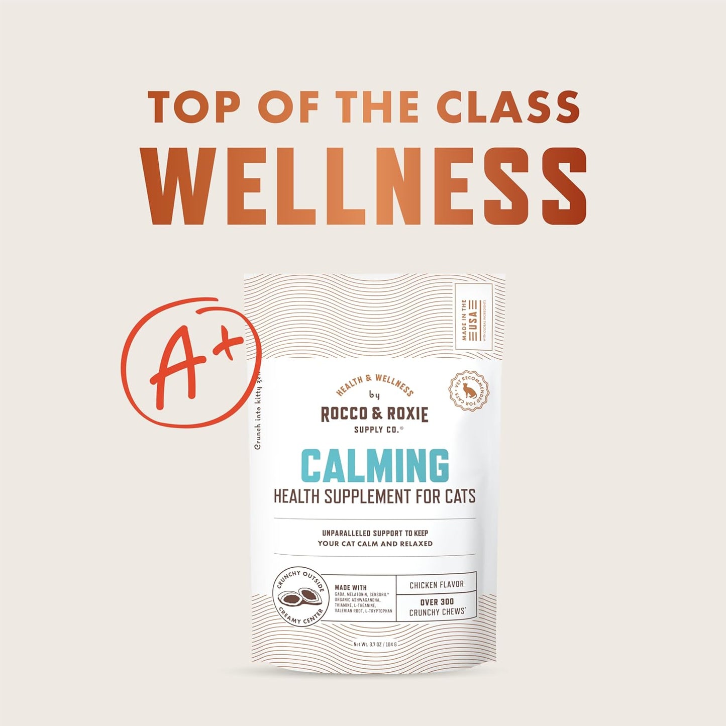 Rocco & Roxie Cat Calming Treats with Melatonin for Cats, Stress and Anxiety Relief, Keep Calm for Grooming, Travel, or Vet Visits, Aid Sleep with Organic Ashwagandha and GABA, Chicken Flavored Chews