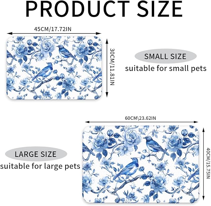 Chinoiserie Floral Birds Dog Food Mat Absorbent Bowl Mats No Stains Quick Dry Waterproof Pet Cat Placemats for Food and Water, 30x45cm