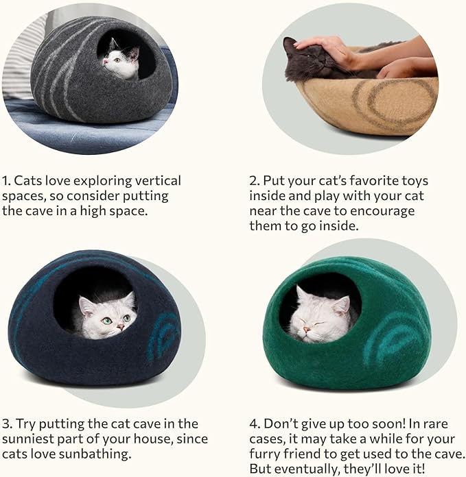 MEOWFIA Cat Cave – Premium Felt Cat Bed for Indoor Cats, Handmade 100% Merino Wool (Beige, Large)