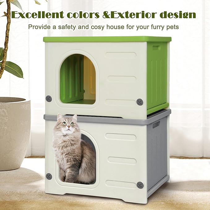 Hicaptain Cute Durable Cat Houses for Indoor Cats Plastic Feral Outdoor Cat House Puppy Shelter for Small Medium Pets-Grey