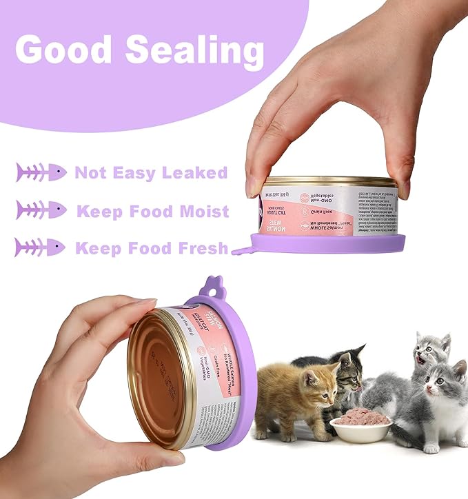 Comtim Cat Food Can Covers Lids for 5.5 oz Cans, 2 Pack Silicone Cat Food Can Lids for 5.5 oz 5.3 oz Cans...Pet Food Can Covers Reusable Can Toppers Savers for Wet Food (Lilac purple)