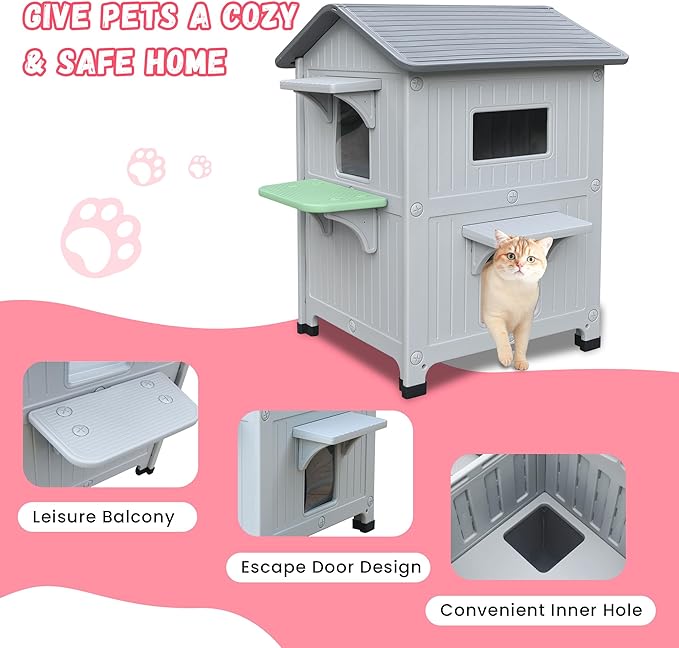 100% Insulated Outdoor Cat Houses for Winter, Waterproof 2 Story Outdoor Cat House with Insulated Liner, Outside Feral Cat Shelter for Outdoor Cats, Easy to Clean-Grey