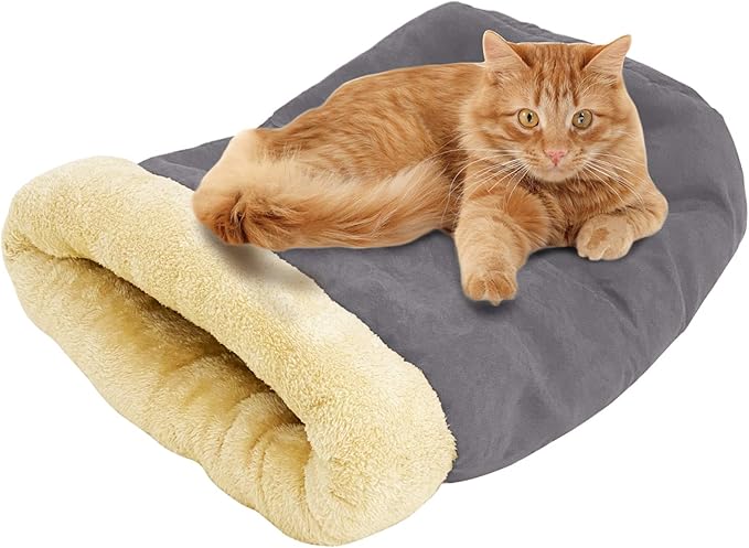 4 in 1 Self Warming Burrow Cat Bed, Pet Hideway Sleeping Cuddle Cave (Gray)