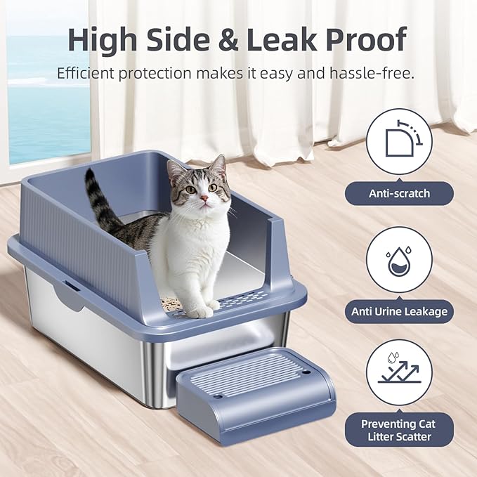 Enclosed Stainless Steel Cat Litter Box with Lid Extra Large Litter Box for Big Cats XL Metal Litter Pan Tray with High Wall Sides Enclosure, Non-Sticky, Anti-Leakage, Easy Cleaning (8 in Dark Grey)